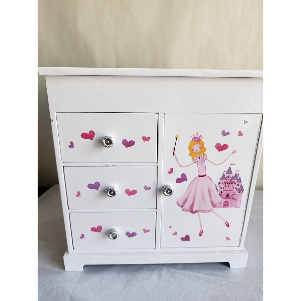 Princess Castle Musical Jewelry Box White Wood Ballerina Spinning Necklace Hook